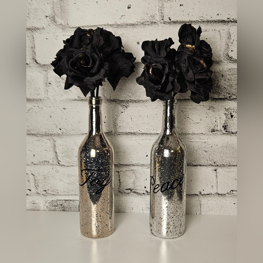 Set of 2 Mercury Glass Style Vases Black Roses Gothic Glam Halloween Decor